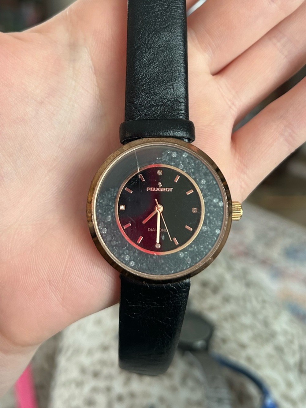Peugeot Black Strap Watch with Rose Gold Case